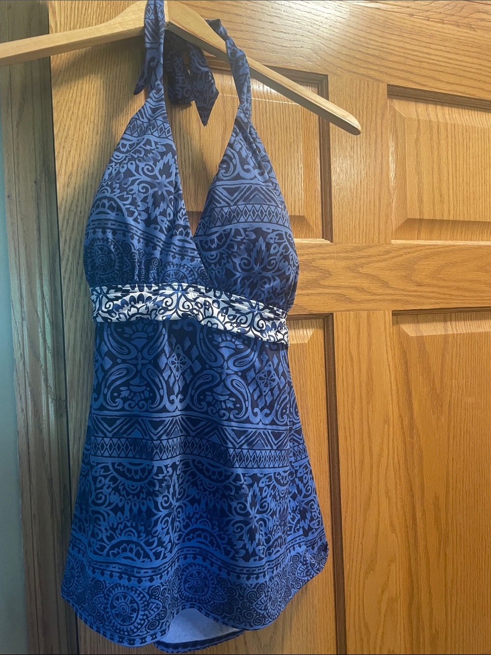 Halter Tankini Top in Navy Blue with Printed Band